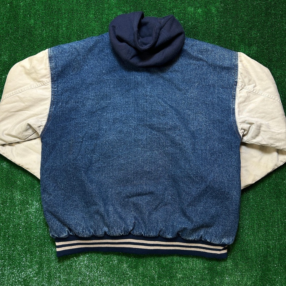 Y2K / Vintage Basic Editions Denim Varsity M Blue Bomber Two Tone Removable Hood - Picture 6 of 13